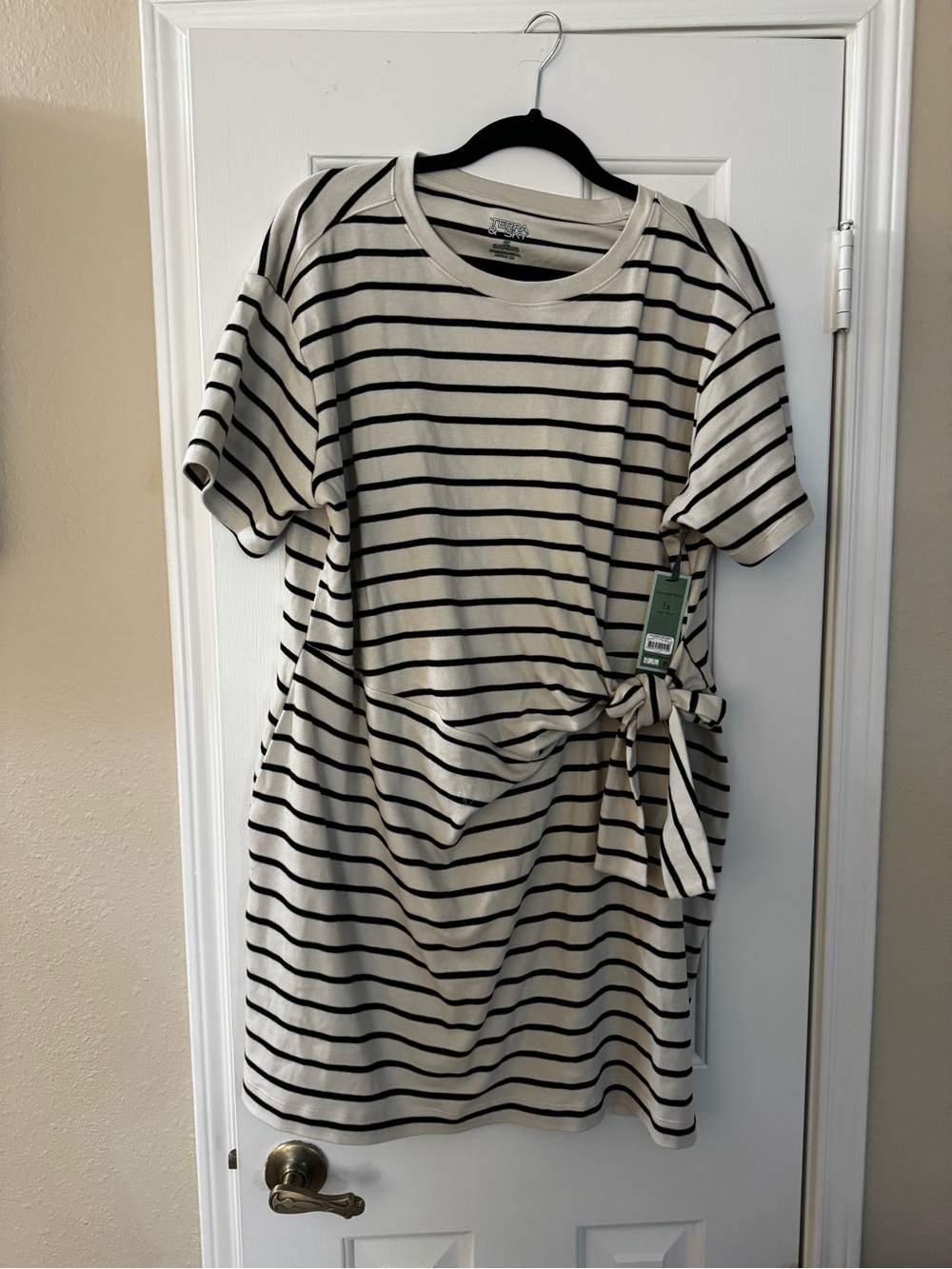 Time and Tru Cream and Black Striped Tie-Waist Midi Dress